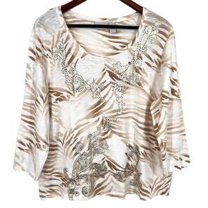 Chicos Zenergy Sz 3 XL Metallic Gold 3/4 Sleeve White Blouse Shirt Top Mature